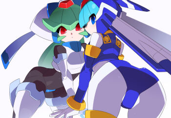 Rule 34 | 2girls, armor, ass, blue armor, blue eyes, blue helmet, bodysuit, commentary request, cowboy shot, crotch plate, fairy leviathan (mega man), forehead jewel, from behind, green hair, helmet, in-franchise crossover, kaidou zx, leaning forward, looking at viewer, looking back, mega man (series), mega man zero (series), mega man zx, model w (mega man), multiple girls, pandora (mega man), red eyes, simple background, white armor, white background, white bodysuit, white helmet