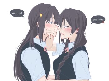 2girls amakuma anger_vein black_hair black_vest blush braid collared_shirt dual_persona english_text eye_contact glasses grey_eyes highres looking_at_another love_live! love_live!_nijigasaki_high_school_idol_club multiple_girls nakagawa_nana rejected_kiss selfcest shirt simple_background speech_bubble twin_braids vest white_background white_shirt yuki_setsuna yuki_setsuna_(love_live!) yuri