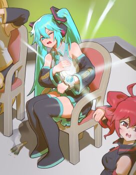 3girls absurdres akita_neru aqua_eyes aqua_hair aqua_necktie black_boots black_shirt black_skirt blinding_light blonde_hair boots commentary full_body grey_shirt hatsune_miku highres kasane_teto kasane_teto_(utau) light_rays long_hair multiple_girls necktie one_eye_closed outdoors pacpoi parody parted_lips pleated_skirt red_eyes red_hair reflection scene_reference shirt short_hair sitting skirt sleeveless sleeveless_shirt solo_focus symbol-only_commentary the_boondocks thigh_boots twintails utau very_long_hair vocaloid watch wing_collar wristwatch