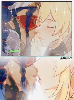2girls aoiabyss blindfold blonde_hair braid closed_eyes dark-skinned_female dark_skin eremite_(faction) eyes_visible_through_eyewear face-to-face genshin_impact hand_on_another&#039;s_cheek hand_on_another&#039;s_face headband highres imminent_kiss jeht_(genshin_impact) lumine_(genshin_impact) multiple_girls parted_lips purple_hair shiny_lips single_braid smile twintails yuri