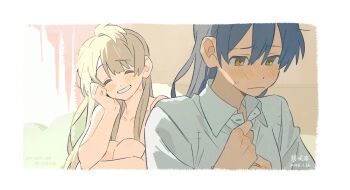 2girls aftersex blue_hair blush brown_hair closed_eyes closed_mouth collared_shirt commentary dated grin hickey highres long_hair looking_at_another love_live! love_live!_school_idol_project minami_kotori minamip multiple_girls orange_eyes shirt smile sonoda_umi sweat white_shirt yuri