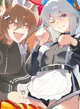 2girls absurdres agnes_tachyon_(umamusume) blue_eyes blush brown_hair embarrassed fang grey_hair highres horse_girl ludus_mio maid multiple_girls oguri_cap_(umamusume) open_mouth paw_pose red_eyes red_ribbon ribbon tamamo_cross_(umamusume) umamusume