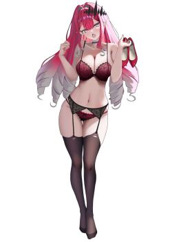 1girl baobhan_sith_(fate) bare_shoulders black_panties blush bra breasts commentary_request earrings fate/grand_order fate_(series) full_body garter_belt grey_eyes highres jewelry large_breasts long_hair looking_at_viewer mishiro_(ixtlolton) navel open_mouth panties pink_hair pointy_ears red_nails shoes sidelocks simple_background solo standing tiara underwear underwear_only white_background