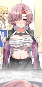 2girls :o absurdres arimura_mao belt black_jacket black_pants blonde_hair blue_collar blush braid breasts chest_sarashi collar contrast_collar dokudoku913 fang fujita_kotone gakuen_idolmaster gakuran gym_shirt gym_uniform hair_over_one_eye headband highres idolmaster indoors jacket large_breasts looking_at_another mirror multiple_girls navel open_clothes open_jacket pants pink_hair red_headband reflection reflection_focus sarashi school_uniform shirt skin_fang skindentation steaming_body sweat twin_braids white_shirt