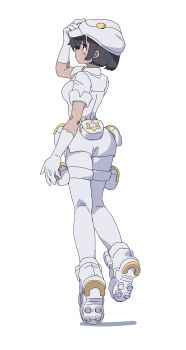 1girl aether_foundation_employee aether_foundation_uniform ass black_hair blush breasts closed_mouth dark-skinned_female dark_skin gloves hat highres huanxiang_huifeng jumpsuit newsboy_cap nintendo overalls pantyhose pokemon pokemon_sm short_hair short_jumpsuit short_sleeves simple_background solo turtleneck_jumpsuit white_background white_gloves white_hat white_jumpsuit white_overalls white_pantyhose