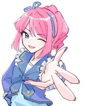 1girl ;d anyoji_hime blue_bow blue_bowtie blue_eyes blue_ribbon blue_sailor_collar blue_shirt bow bow_hairband bowtie character_request check_character cosplay_request hair_intakes hair_ribbon hairband highres link!_like!_love_live! long_sleeves looking_at_viewer love_live! one_eye_closed open_mouth ponytail purple_nails ribbon sailor_collar shirt simple_background smile solo w white_background zangemiya