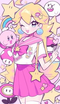 1boy 1girl blonde_hair blue_eyes boo_(mario) company_connection earrings fire_flower highres jewelry kirby kirby_(series) long_hair looking_at_viewer mario_(series) meowwniz nintendo poke_ball poke_ball_(basic) pokemon princess_peach school_uniform serafuku smash_invitation smile sphere_earrings super_mushroom super_star_(mario)