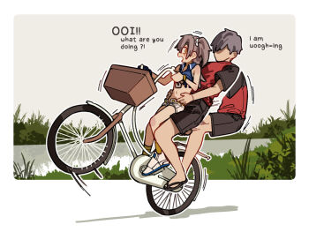 bad_tag bicycle bicycle_basket blue_gloves blue_panties blue_vest bow brown_hair closed_mouth commander_(girls'_frontline) commentary crop_top english_text faceless faceless_male flat_chest flip-flops full_body girls'_frontline girls'_frontline_2:_exilium gloves grass hair_bow hands_on_another's_hips kani_fish lanyard leva_(girls'_frontline_2) leva_(sultry_tempo)_(girls'_frontline_2) long_hair looking_at_another navel official_alternate_costume one_side_up open_mouth outside_border panties riding riding_bicycle river riverbank sandals scar scar_across_eye scar_on_face shoes single_glove smile sneakers socks stomach surprised thighs torn_clothes ump45_(girls'_frontline) underwear untranslatable_commentary vest white_bow white_shoes yellow_eyes yellow_socks