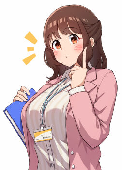 1girl absurdres blush breasts brown_hair commentary_request half_updo highres idolmaster idolmaster_shiny_colors jacket karua_(karua23) lanyard large_breasts looking_at_viewer notice_lines pink_jacket shirt simple_background solo sonoda_chiyoko striped_clothes striped_shirt upper_body vertical-striped_clothes vertical-striped_shirt white_background