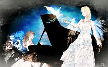 2girls amanda_achen animal bare_arms bare_shoulders bird blonde_hair blue_bird breasts brown_eyes brown_hair cleavage closed_mouth commentary dress final_fantasy final_fantasy_xiv grand_piano instrument jewelry long_hair medium_breasts meteion multiple_girls music necklace oosaki_keiko piano playing_instrument playing_piano ponytail real_life ruka_(blueplus84) smile white_dress yellow_eyes