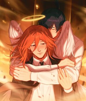 Rule 34 | 2boys, absurdres, angel, angel devil (chainsaw man), angel wings, black hair, black necktie, blush, chainsaw man, chalseu, closed eyes, collared shirt, commentary, double-parted bangs, earrings, english commentary, fingernails, fire, floating hair, hair between eyes, halo, hayakawa aki, highres, hug, hug from behind, jacket, jewelry, layered sleeves, long sleeves, male focus, medium hair, multiple boys, necktie, open clothes, open jacket, piercing, ponytail, red eyes, shirt, stud earrings, suit jacket, upper body, white shirt, white wings, wing collar, wings, yaoi
