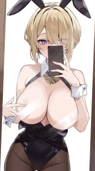 1girl alternate_costume animal_ears areola_slip bare_shoulders black_leotard black_pantyhose breasts breasts_out commentary covering_face english_commentary evelyn_chevalier fake_animal_ears highres holding holding_phone large_breasts leotard light_censor mirror mirror_selfie mugripley paid_reward_available pantyhose phone phone_over_face playboy_bunny purple_eyes rabbit_ears reflection reflection_focus selfie short_hair solo standing wrist_cuffs zenless_zone_zero