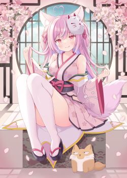 1girl :q ahoge animal_ears armpit_crease artist_request background_request bare_shoulders black_sash blue_hair blush breasts_day cherry_blossoms colored_inner_hair commentary_request convenient_leg day detached_sleeves falling_petals floral_print fox fox_girl fox_mask fox_tail frown full_body grabbing_own_hair hair_ribbon heart heart_ahoge highres holding holding_own_hair indoors japanese_clothes kimono kimono_skirt kirakira_production kitsune_udon_(vtuber) knees_up licking_lips long_hair looking_at_viewer mask mask_on_head multicolored_hair obi okobo petals pink_hair pink_kimono pink_skirt pink_tail platform_sandals pleated_skirt red_eyes red_ribbon ribbon sandals sash second-party_source sitting skirt skirt_cutout sky sleeveless sleeveless_kimono tail thighhighs tongue tongue_out two_side_up virtual_youtuber white_thighhighs