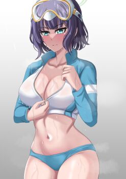 1girl absurdres aqua_eyes bikini blue_archive blush breasts cleavage collared_shirt commentary_request cowboy_shot diving_mask diving_mask_on_head drie goggles goggles_on_head highres large_breasts linea_alba navel purple_hair rash_guard saki_(blue_archive) saki_(swimsuit)_(blue_archive) shirt short_hair simple_background solo steaming_body swimsuit unzipping wet