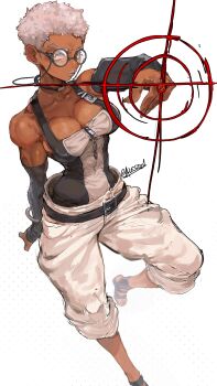 1girl absurdres bare_shoulders belt breasts cleavage closed_mouth collarbone covered_navel dark-skinned_female dark_skin detached_sleeves eyewear_strap gabriel_ales gachiakuta glasses hand_up highres large_breasts looking_at_viewer pants round_eyewear semiu_grier short_hair simple_background solo toned toned_female twitter_username very_short_hair white_background white_hair