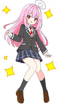 1girl black_jacket black_socks blazer blue_skirt blush brown_shoes closed_mouth collared_shirt commentary_request dot_nose full_body highres jacket kotatsu-mazoku loafers long_hair long_sleeves necktie original pink_eyes pink_hair plaid_clothes plaid_skirt pleated_skirt red_necktie redrawn school_uniform shirt shoes sidelocks simple_background skirt smile socks solo sparkle striped_clothes striped_necktie white_background white_shirt