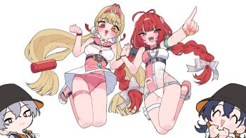 :&gt; :d alice_thymefield alice_thymefield_(sea_of_thyme) animal_ears antenna_hair belle_(summer_skies)_(zenless_zone_zero) belle_(zenless_zone_zero) blonde_hair blush bracelet green_eyes grey_hair hair_ornament heterochromia highres jewelry long_hair momico_co open_mouth panda_hat panties red_hair skindentation smile sphere_hair_ornament thigh_strap ukinami_yuzuha ukinami_yuzuha_(tanuki_in_broad_daylight) underwear white_background wise_(peaceful_waves)_(zenless_zone_zero) wise_(zenless_zone_zero)