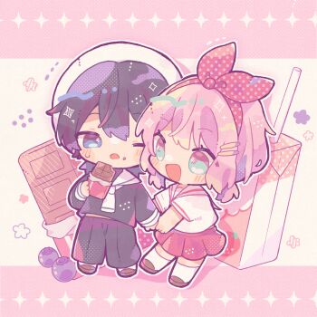 1boy 1girl :d aqua_eyes black_hair black_pants black_shirt blue_eyes blueberry borrowed_character bow_hairband brown_footwear candy chibi chibi_only chocolate chocolate_bar commission dot_nose double-parted_bangs drink_carton drop_shadow eating flower_symbol food food_on_face fruit full_body hair_ornament hairband hairclip hand_up hat hetero highres holding holding_food holding_hands letterboxed light_blush long_sleeves milk_carton neckerchief open_mouth original outside_border pants pastel_colors pink_background pink_hair polka_dot_hairband red_hairband red_skirt sailor_collar sailor_hat second-party_source shirt short_sleeves side-by-side skirt smile socks strawberry_milk sweatdrop unmoving_pattern white_background white_hat white_neckerchief white_sailor_collar white_shirt white_socks ysk2z