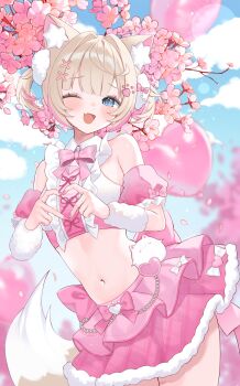 Rule 34 | 1girl, ;d, absurdres, animal ear fluff, animal ears, bare shoulders, blonde hair, blue eyes, blunt bangs, blush, bow, bowtie, cloud, commentary, cowboy shot, crop top, cropped shirt, day, detached sleeves, dog ears, dog girl, dog tail, dot nose, english commentary, fang, four-finger heart hands, frilled sleeves, frills, fur-trimmed skirt, fur trim, hair intakes, hair ornament, heart, heart hands, highres, hololive, hololive english, looking at viewer, midriff, miniskirt, mococo abyssgard, multicolored hair, navel, one eye closed, open mouth, outdoors, pink bow, pink bowtie, pink hair, pink skirt, pink sleeves, ri nyahn, shirt, short hair, short sleeves, skin fang, skirt, sleeve bow, sleeveless, sleeveless shirt, smile, solo, streaked hair, tail, two-tone hair, two side up, virtual youtuber, x hair ornament