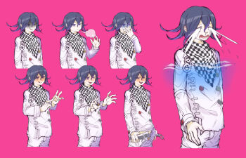 Rule 34 | 1boy, :d, arm belt, aroused, belt, belt buckle, black scarf, blush, boxers, breath, buckle, buttons, chain, checkered clothes, checkered scarf, closed eyes, closed mouth, commentary request, covering own mouth, crazy eyes, cropped legs, crying, danganronpa (series), danganronpa v3: killing harmony, delidelidelic, double-breasted, drooling, evil smile, false smile, grey belt, hair between eyes, hand up, jacket, long hair between eyes, long sleeves, male focus, male underwear, male underwear peek, multicolored buttons, multicolored hair, multiple belts, multiple expressions, nervous smile, oma kokichi, open belt, open mouth, open pants, pants, penetration gesture, pink background, purple hair, red male underwear, sad, scarf, shaded face, short hair, simple background, smile, smoking, streaked hair, streaming tears, striped male underwear, studded belt, teardrop, tears, thigh belt, thigh strap, tongue, tongue out, turn pale, two-tone male underwear, two-tone scarf, underwear, white belt, white jacket, white scarf, wrist belt, yellow male underwear