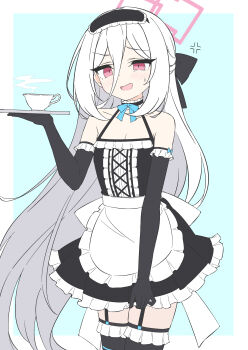 Rule 34 | 1girl, absurdres, apron, bare shoulders, black gloves, black thighhighs, blue archive, breasts, cleavage, collarbone, commentary request, elbow gloves, garter belt, gloves, hair between eyes, halo, highres, kei (blue archive), kei (new body) (blue archive), long hair, long hair between eyes, maid, maid apron, mizusaki (kn27), pink eyes, pink halo, simple background, small breasts, thighhighs, thighs, white apron, white background, white hair