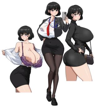 1girl absurdres amx1375 bag bare_shoulders belt black_belt black_dress black_eyes black_hair black_jacket black_pantyhose black_skirt bra breasts cleavage closed_mouth collared_shirt commentary dress dress_shirt english_commentary full_body hand_on_own_hip handbag highres holding holding_phone huge_breasts id_card jacket lanyard looking_at_viewer loose_necktie miniskirt mole mole_on_neck mole_under_eye multiple_views necktie office_lady original pantyhose pencil_skirt phone purple_bra shirt shirt_partially_removed shirt_tucked_in short_hair simple_background skirt sweat turtleneck turtleneck_dress underwear white_background white_shirt