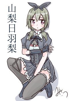 1girl absurdres ankle_boots arm_under_breasts artist_name assault_lily asymmetrical_gloves belt between_legs black_belt black_bow black_gloves black_ribbon black_skirt black_thighhighs blush boots bow breasts character_name commentary cropped_jacket fingerless_gloves frilled_skirt frills full_body gloves green_hair hair_bow hand_between_legs hand_on_own_arm hand_up highres long_hair looking_at_viewer low_twintails medium_breasts miniskirt misau neck_ribbon on_one_knee parted_lips pleated_skirt puffy_short_sleeves puffy_sleeves purple_eyes ribbon school_uniform see-through_cleavage see-through_clothes shirt short_sleeves simple_background skirt solo thighhighs translated twintails underbust uneven_gloves white_background white_shirt yamanashi_hibari yurigaoka_girls_academy_school_uniform