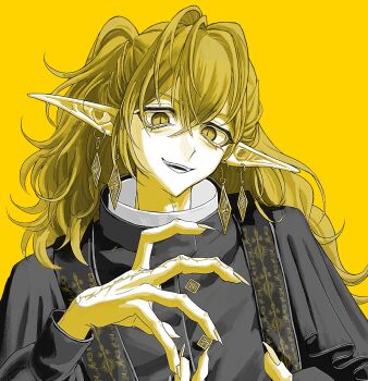 Rule 34 | 1other, black robe, blonde hair, buttons, commentary request, diamond button, douk1 1kigire, earrings, fingernails, gold earrings, grin, highres, jewelry, long fingernails, long hair, long pointy ears, messy hair, original, pointy ears, robe, slit pupils, smile, solo, upper body, yellow background, yellow eyes