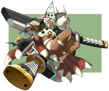 Rule 34 | 1girl, absurdres, ankle grab, asdf 4532, belt, breasts, colored eyelashes, commentary, dark-skinned female, dark skin, full body, guilty gear, guilty gear xrd, hair between eyes, hashtag-only commentary, highres, huge weapon, looking at viewer, lucifero (guilty gear), micro shorts, parted lips, ramlethal valentine, revealing clothes, shorts, solo, spread toes, thigh strap, toes, underboob, weapon, white eyelashes, white hair, white shorts, yellow eyes