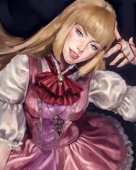 1girl blonde_hair breasts dark_background darkcryystal dress emilie_de_rochefort fingerless_gloves from_above gloves highres lips long_hair looking_at_viewer realistic short_sleeves tekken tekken_8