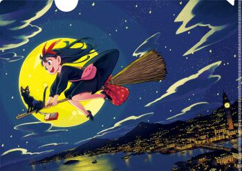 Rule 34 | 1girl, anniversary, bag, black cat, black dress, black hair, boat, broom, broom riding, cat, cloud, commentary, cover, cover page, dress, dutch angle, endou tatsuya, flying, full moon, hairband, handbag, highres, jiji (majo no takkyuubin), kiki (majo no takkyuubin), lighthouse, majo no takkyuubin, moon, night, official art, radio, red hairband, sack, shore, textless version, third-party source, translation request, watercraft, witch