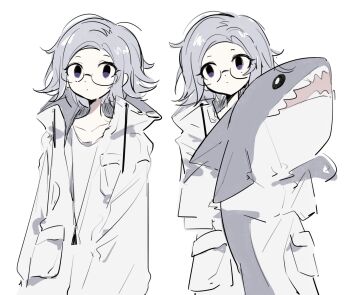 1boy aged_down aotsuki_eito collarbone glasses highres ikea_shark jacket long_sleeves looking_at_viewer male_focus multiple_views parted_hair purple_eyes simple_background stuffed_animal stuffed_shark stuffed_toy the_hundred_line_-last_defense_academy- white_background white_hair white_jacket