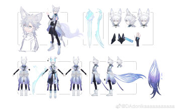 1boy alternate_costume amami_kanade_(forever_7th_capital) animal_ears black_arm_warmers black_pantyhose black_shirt black_shorts blue_eyes blue_fire blue_jacket boots chinese_commentary claw_(weapon) closed_mouth cropped_torso curtained_hair dadonikaaaaaaaaaaa drawstring earrings expressionless fire flaming_ears forever_7th_capital fox_boy fox_ears fox_ornament fox_tail full_body grey_hair hair_between_eyes hand_in_pocket hand_up highres jacket jewelry looking_at_viewer looking_to_the_side male_focus medium_hair mole mole_under_each_eye mole_under_eye multiple_moles multiple_views official_art open_clothes open_jacket pantyhose pixelated purple_tail reference_sheet see-through_clothes see-through_jacket shirt short-sleeved_jacket short_sleeves shorts shoulder_strap simple_background sleeveless sleeveless_jacket solo standing tail turnaround turtleneck turtleneck_shirt v-shaped_eyebrows waist_cape watermark weapon weibo_watermark white_background white_boots white_jacket zipper zipper_pull_tab