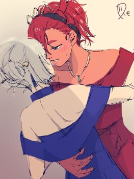 Rule 34 | bare shoulders, black hairband, blue dress, blue eyes, blush, commentary, dark-skinned female, dark skin, dress, earrings, grey hair, gundam, gundam suisei no majo, hair bun, hair up, hairband, hand on another's waist, jewelry, miorine rembran, necklace, off-shoulder dress, off shoulder, parted lips, red dress, red hair, suletta mercury, surfacedxxc, yuri