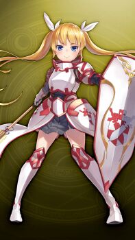 1girl blonde_hair full_body holding holding_shield shield solo standing twintails