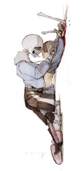 2others anminshing arms_up black_shorts bleeding blood blood_from_forehead blood_in_hair blood_on_clothes blood_on_ground blood_on_hands blue_coat bone brown_hair clothes_lift coat commentary_request covered_eyes empty_eyes facing_another french_kiss frisk_(undertale) hair_over_one_eye hand_on_another&#039;s_cheek hand_on_another&#039;s_face highres hood hooded_coat impaled injury kiss kneeling looking_at_another lying lying_on_person midriff_peek multiple_others on_back on_ground open_mouth outstretched_arms pink_slippers pinned pool_of_blood saliva saliva_trail sans_(undertale) shirt_lift shorts skeleton slippers socks tongue tongue_out undertale utdr_(toby_fox) white_background white_hood white_socks yukadon