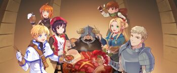 3girls 4boys armor beard beret blonde_hair blue_capelet blue_robe bowl braid brown_hair capelet character_request chilchuck_tims choker chopsticks cooking cooking_pot crossover cup dungeon_meshi dwarf elf facial_hair fake_horns food gloves green_eyes halfling hat helmet highres holding holding_bowl holding_chopsticks holding_cup holding_spoon horned_helmet horns laios_touden long_beard long_hair long_sleeves looking_at_viewer mandrake marcille_donato multiple_boys multiple_girls mustache neck_warmer official_art plate_armor pointy_ears robe senshi_(dungeon_meshi) shirt short_hair smile spoon tales_weaver thick_mustache walking_mushroom_(dungeon_meshi)