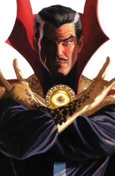 1boy absurdres alex_ross black_hair blue_eyes blue_robe cape comic_cover cover cover_page doctor_strange doctor_strange_(series) eye_of_agamotto facial_hair gloves highres looking_at_viewer male_focus marvel mature_male multicolored_hair mustache mystical_high_collar official_art one_eye_in_shadow realistic red_cape robe short_hair solo upper_body western_comics_(style) white_background white_hair yellow_gloves