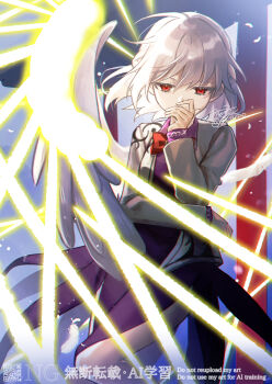 1girl absurdres bow bowtie commentary_request covering_own_mouth dress feathered_wings grey_hair grey_wings highres jacket kishin_sagume long_sleeves open_clothes open_jacket purple_dress qr_code red_bow red_bowtie red_eyes rokuya_(68_zusao) signature single_wing solo touhou twitter_username watermark wings