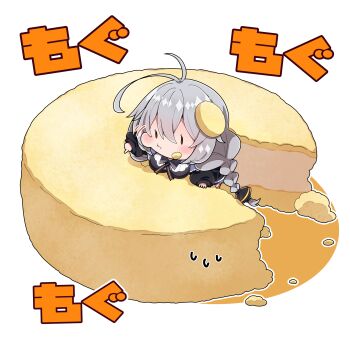 1girl :t absurdres antenna_hair black_dress black_jacket blush braid breasts brown_eyes closed_mouth collared_shirt colored_shadow commentary_request dress eating food food_on_face food_on_hair food_request grey_hair hair_between_eyes highres in_food jacket kizuna_akari large_breasts long_hair long_sleeves milkpanda motion_lines pointing puffy_cheeks puffy_long_sleeves puffy_sleeves shadow shirt simple_background sleeves_past_wrists solid_oval_eyes solo sweat translation_request very_long_hair voiceroid wavy_mouth white_background white_shirt