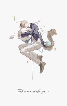 1boy animal_ears black_jacket brown_shoes cat_boy cat_ears cat_tail chaoxibumian collared_shirt floating full_body grey_hair grey_pants hair_between_eyes highres holding holding_stuffed_toy jacket kemonomimi_mode love_and_deepspace male_focus pants planet rabbit shirt shoes short_hair solo sparkle stuffed_animal stuffed_rabbit stuffed_toy suit_jacket tail white_background white_shirt xavier_(love_and_deepspace) yarn yarn_ball