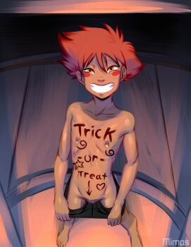 1girl arrow_(symbol) barefoot blush blush_stickers body_writing cleft_of_venus cowboy_bebop dark-skinned_female dark_skin doorway edward_wong_hau_pepelu_tivrusky_iv facing_viewer female_focus flat_chest grin halloween heart loli looking_at_viewer magnumimpulse nipple_piercing nipples nude piercing pulling_own_clothes pussy red_hair self_exposure short_hair skinny small_areolae small_nipples smile solo standing tagme tomboy topless_female trick-or-treating uncensored