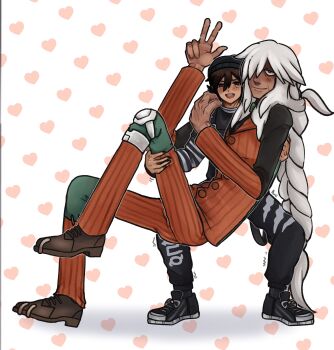 Rule 34 | 2boys, alexis (dotted clouds), az (pokemon), beanie, black hat, black nails, black pants, black shirt, black shoes, blush, bow, bowtie, braid, braided ponytail, brown hair, carrying, commentary, dotted clouds, english commentary, full body, green bow, green bowtie, hair over one eye, hand on another's shoulder, hat, heart, heart background, highres, knee brace, layered shirt, looking at viewer, lower eyelashes only, male focus, mole, mole on forehead, mole under eye, multiple boys, nintendo, old, open mouth, orange vest, pants, patchwork clothes, patterned background, pinstripe pattern, pinstripe vest, pokemon, pokemon legends: z-a, princess carry, shirt, shoes, smile, striped sleeves, struggling, tall male, teeth, trembling, upper teeth only, vest, w, yaoi