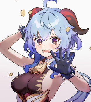 1girl @_@ ahoge bell blue_gloves blue_hair bodystocking breasts chikuzen1996 commentary_request ganyu_(genshin_impact) genshin_impact gloves goat_horns gradient_background hand_on_own_head hands_up highres horns large_breasts long_hair looking_at_viewer mamemaki neck_bell open_mouth purple_eyes setsubun sideboob simple_background solo soybean spiked_gloves tearing_up upper_body wavy_mouth