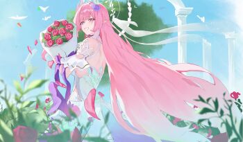 1girl bare_shoulders cardina_19 cyrene_(honkai:_star_rail) cyrene_(ripples_of_past_reverie)_(honkai:_star_rail) detached_sleeves dress falling_petals flower highres honkai:_star_rail honkai_(series) long_hair looking_at_viewer petals pink_eyes pink_hair red_flower red_rose rose solo white_dress