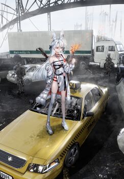 1girl 2boys absurdres accident acog animal_ear_fluff animal_ears assault_rifle asymmetrical_legwear backpack bag balcony bare_legs bare_shoulders black_bag black_bow black_footwear black_gloves black_headwear black_pants black_straps black_vest blue_bow boots bow box_truck braid breasts bridge broken_window bulletproof_vest burning car car_crash cigarette cloud cloudy_sky collarbone combat_helmet commentary_request crash dress dress_straps earrings elbow_pads fog ford_crown_victoria ford_crown_victoria_(2nd_generation) full_body gawako gloves goggles goggles_on_eyes grey_sky gun hair_bow headset helmet highres holding holding_paper jacket jewelry knee_pads laser_pointer load_bearing_equipment long_hair long_sleeves looking_at_object m4_carbine mask military military_combat_uniform military_operator military_uniform motor_vehicle mouth_mask multicolored_bow multiple_boys night-vision_device night_vision off-shoulder_jacket off_shoulder on_car original outdoors pants paper rabbit_ears railing red_eyes rifle road safety_glasses scope semi_truck shoes short_dress single_thighhigh sky sleeves_rolled_up small_breasts smoking soldier solo standing suppressor suspension_bridge tactical_clothes taxi thigh_boots thighhighs thighs traffic trailer trigger_discipline truck vest weapon weapon_on_back wheel white_dress white_footwear white_hair white_jacket white_thighhighs yellow_car