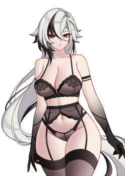 1girl arlecchino_(genshin_impact) bare_shoulders black_bra black_garter_belt black_hands black_panties black_streaks black_thighhighs bra breasts charlie_purrito cleavage closed_mouth collarbone colored_extremities commentary english_commentary garter_belt genshin_impact grey_eyes hair_between_eyes highres large_breasts long_hair looking_at_viewer navel panties red_pupils simple_background solo stomach symbol-shaped_pupils thighhighs underwear very_long_hair white_background white_hair x-shaped_pupils