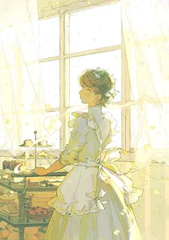 1girl apron berry black_hair cake cart collared_dress cream curtains dress flower food frilled_apron frills fruit green_eyes highres lingcod_dayu looking_at_viewer maid_apron orange_(fruit) original pushing_cart serving_cart tiered_tray white_apron window
