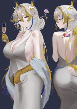 1girl absurdres alternate_costume arknights blurry blurry_background breasts closed_mouth cocktail_glass commentary_request cup curtains dragon_girl dragon_horns dragon_tail dress drinking_glass flower from_behind green_eyes grey_hair highres holding holding_cup horns jewelry large_breasts long_hair looking_at_viewer looking_back mikuning multicolored_hair necklace pink_flower pointy_ears shu_(arknights) simple_background smile standing tail white_dress yellow_eyes