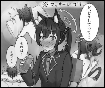 1girl aisumegane animal_ears blue_archive blush cat_ears commentary_request cup face_in_pillow flashback greyscale hair_blush halo holding holding_cup lying monochrome nervous_sweating on_stomach pillow school_uniform serika_(blue_archive) speech_bubble spilling sweat translated water